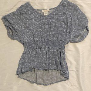 Blue and white polka dotted dress top